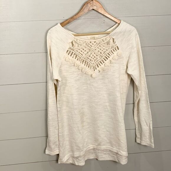 Entro boho hippie long sleeved cream colored knit lacy fringe top medium - Picture 1 of 8